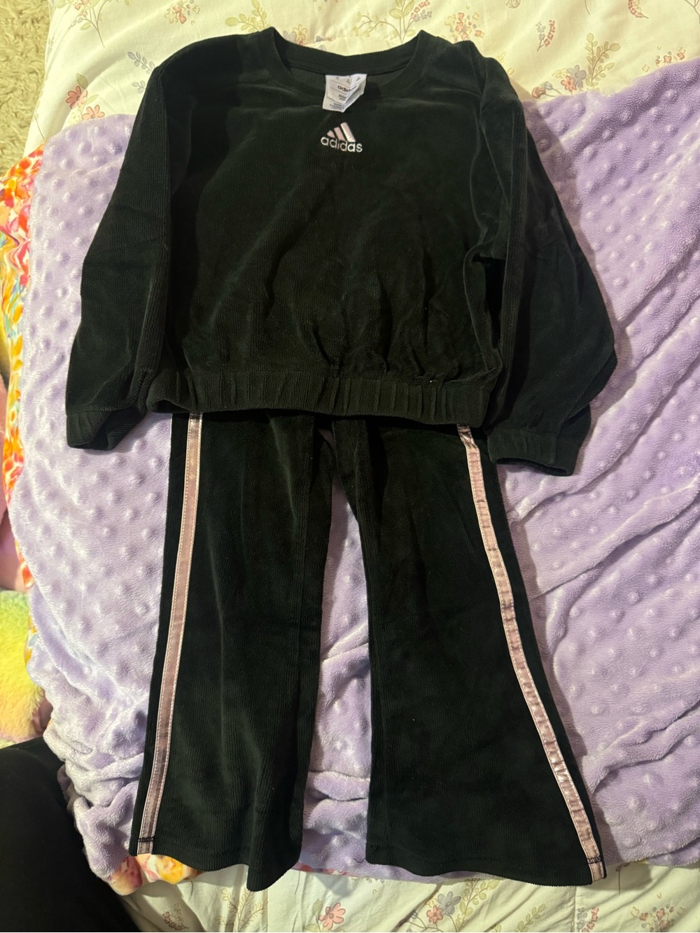adidas Black Velour Sweatshirt and Joggers with Pink Side Stripes